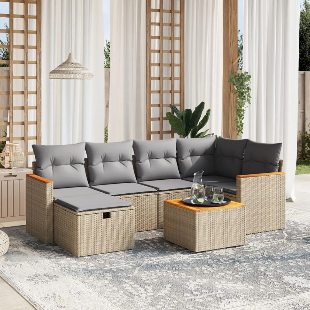 7 pcs conj. sofás jardim c/ almofadões vime PE bege misturado