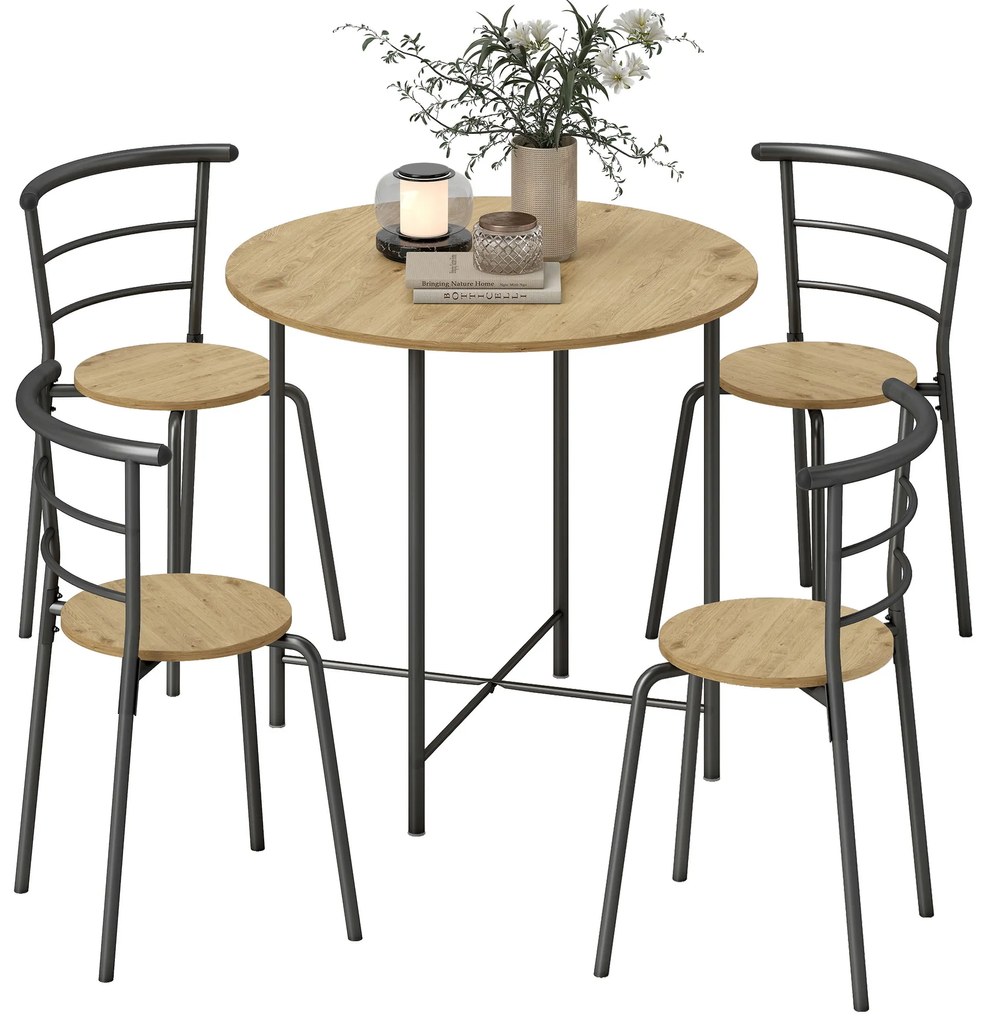 Conjunto de Mesa e Cadeiras de Refeição Mesa de Cozinha Redonda com 4 Cadeiras Estilo Industrial Madeira e Preto