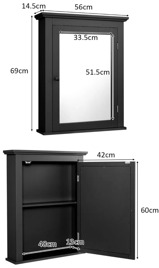 Armário de casa de banho com espelho de parede estante ajustável 56 x 15 x 69,5 cm Preto
