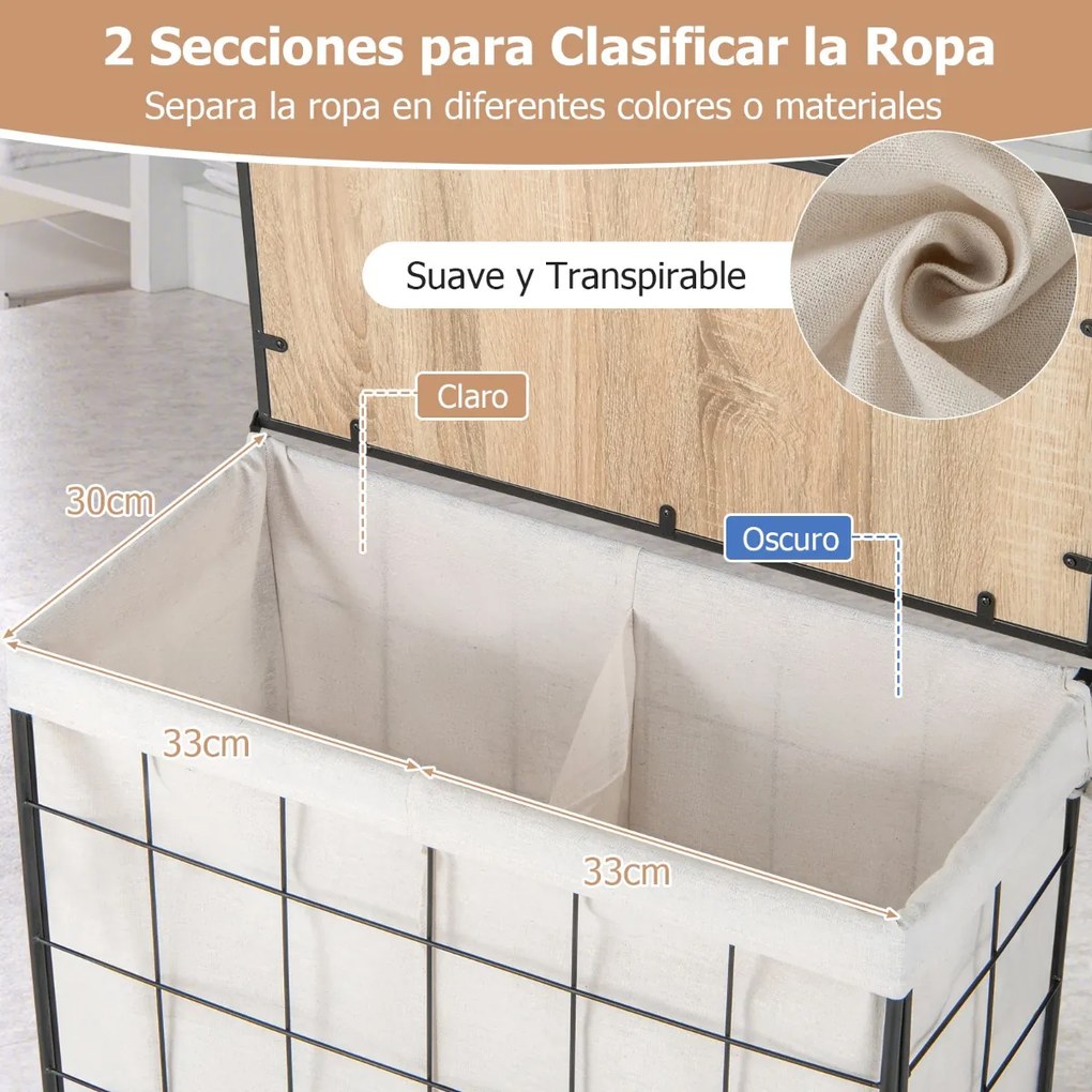Cesto para roupa suja 130 L  Com Separador em metal com rodas Tampa com fecho Tampa de madeira Saco com forro amovível Dividido Preto