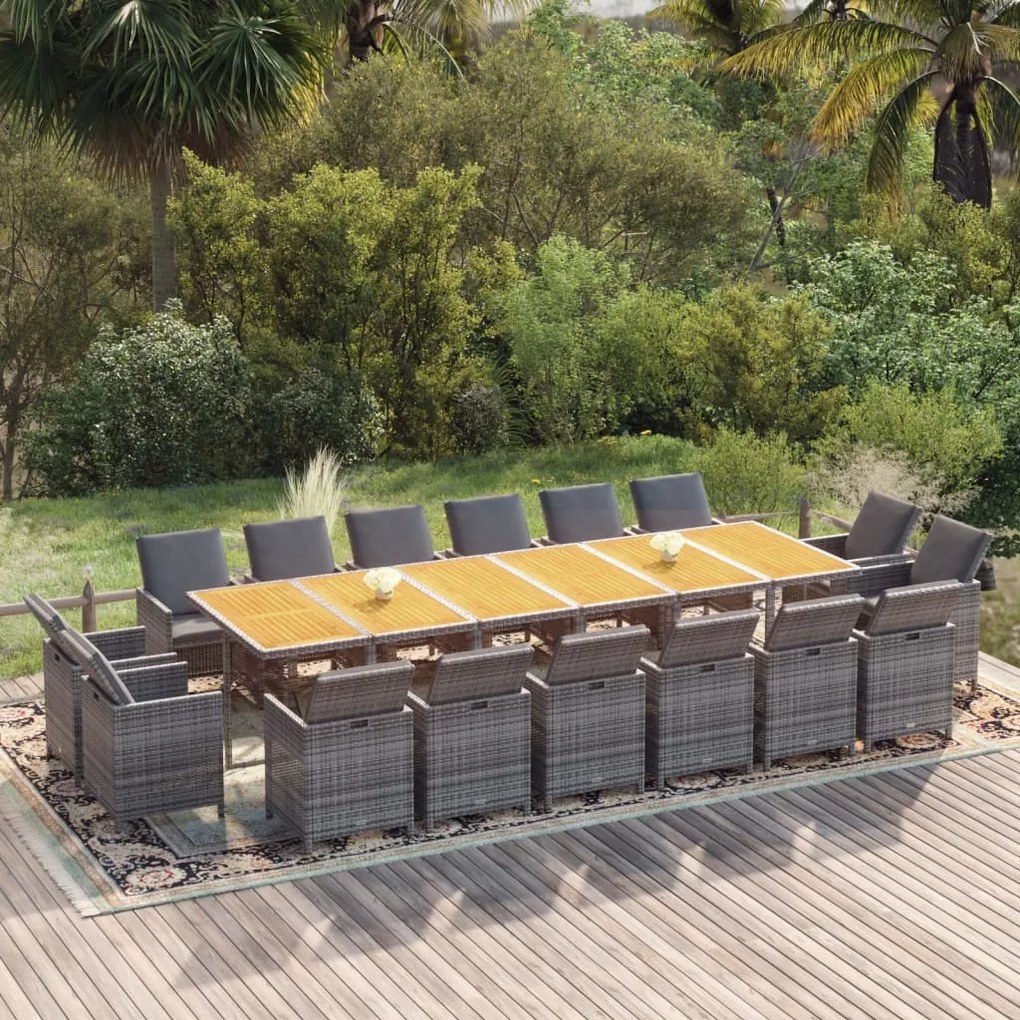 vidaXL 17 pcs conjunto jantar p/ jardim c/ almofadões vime PE cinzento