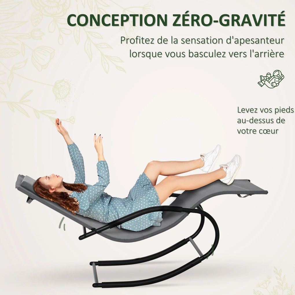 Cadeira de baloiço ergonómica com apoio para a cabeça, braços em metal galvanizado e tecido Textilene cinzento