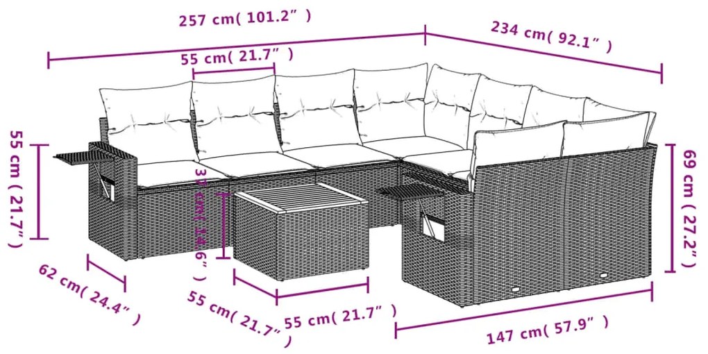 9 pcs conjunto de sofás p/ jardim c/ almofadões vime PE preto