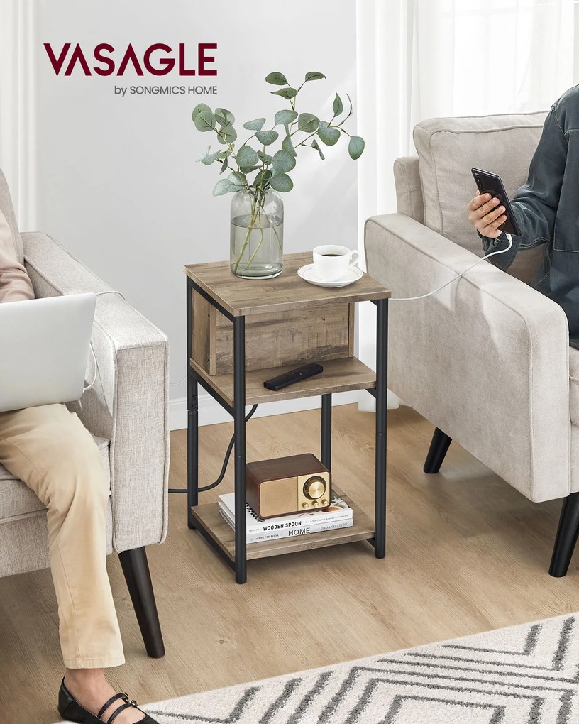 Mesa apoio, mesa de cabeçeira com 2 tomadas eléctricas e 2 portas USB castanho avelã e preto