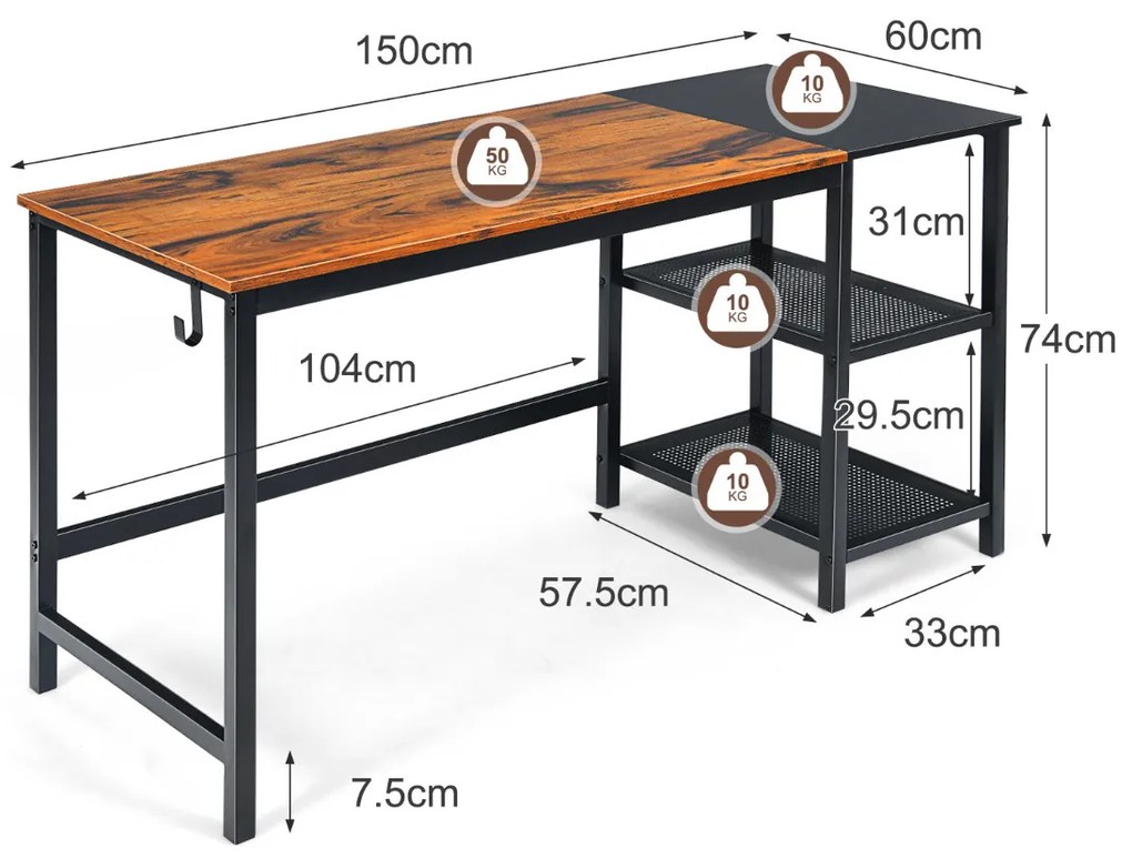 Secretária Mesa de trabalho grande estilo industrial de 150 cm com prateleiras removíveis Castanho-rústico