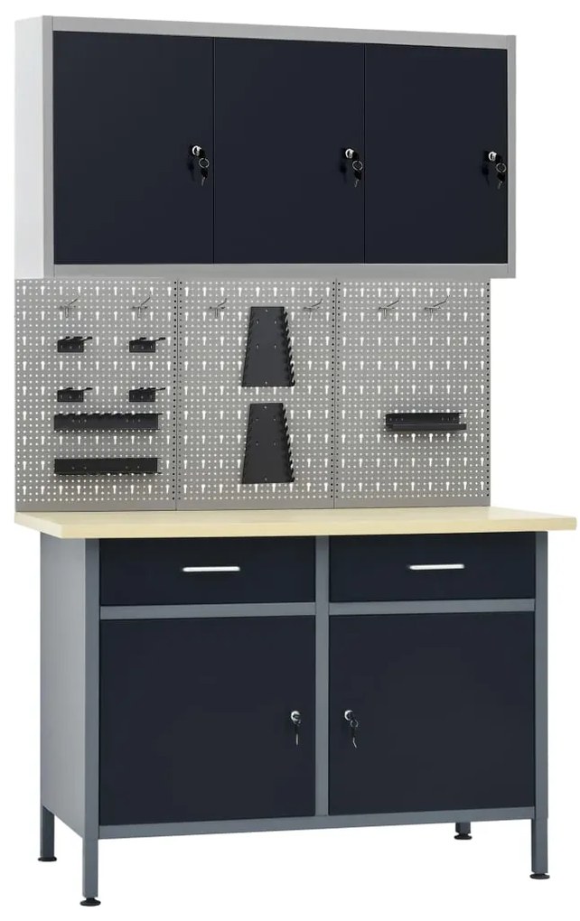 vidaXL Bancada de trabalho com três painéis de parede e um armário