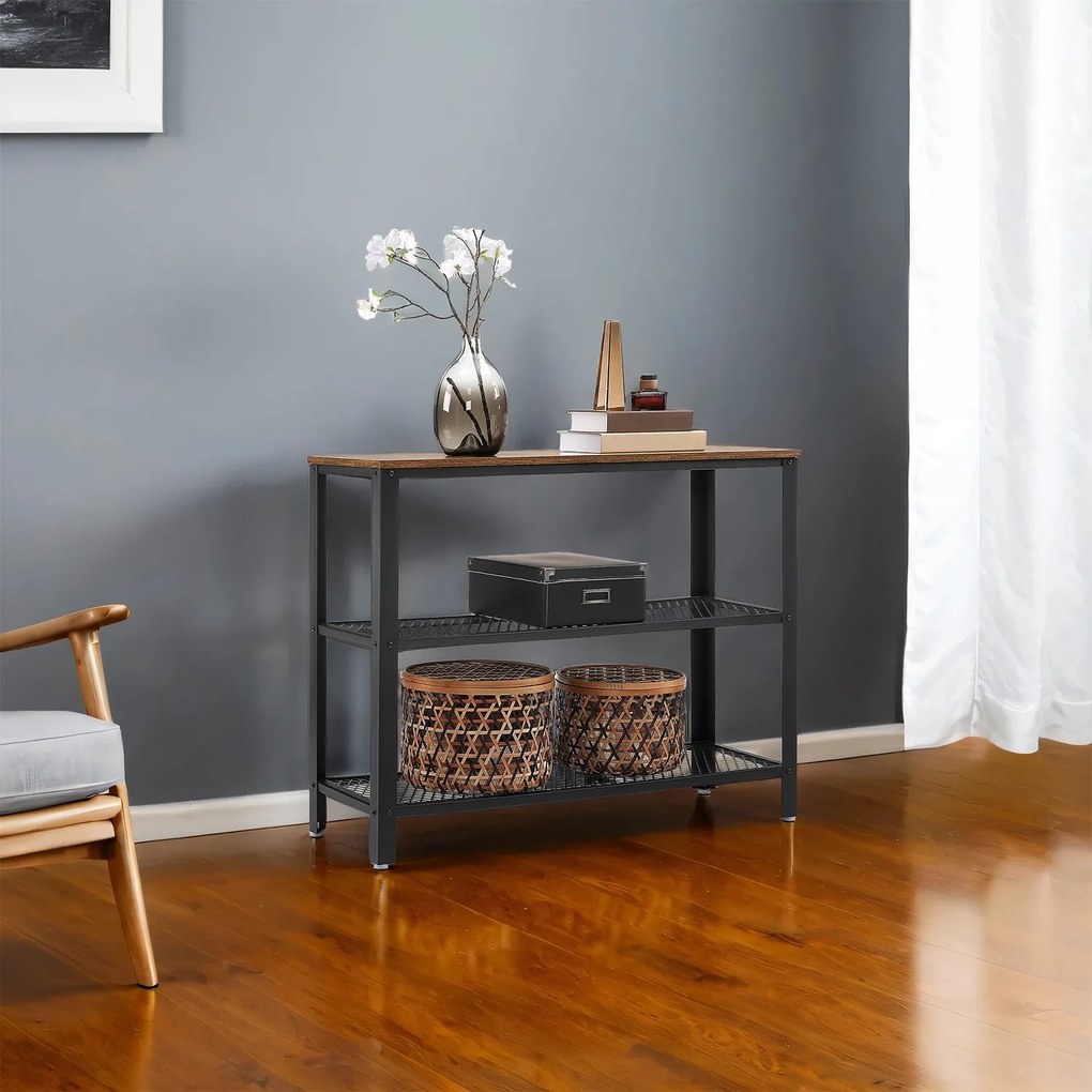 Mesa consola de estilo industrial com 3 níveis 101,5 x 35 x 80 cm castanho vintage-preto