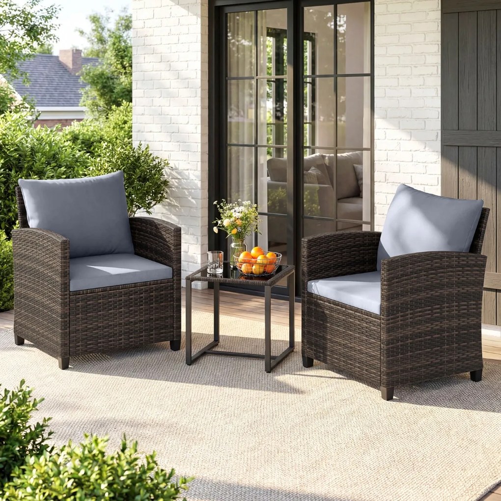 Conjunto de 3 móveis de rattan para jardim, com 2 cadeiras, mesa de vidro e almofadas pretas com capas removíveis, para jardim, terraço ou piscina Cas
