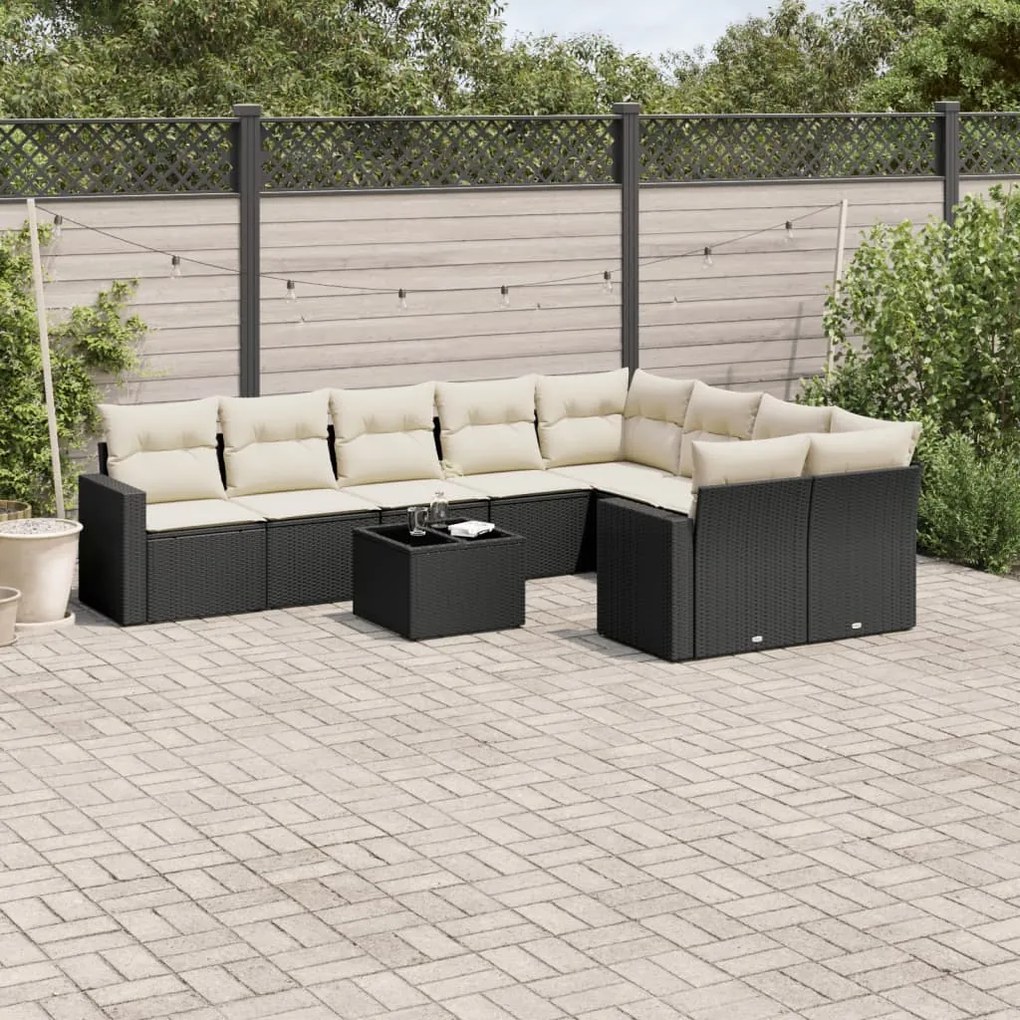 10 pcs conjunto sofás de jardim c/ almofadões vime PE preto