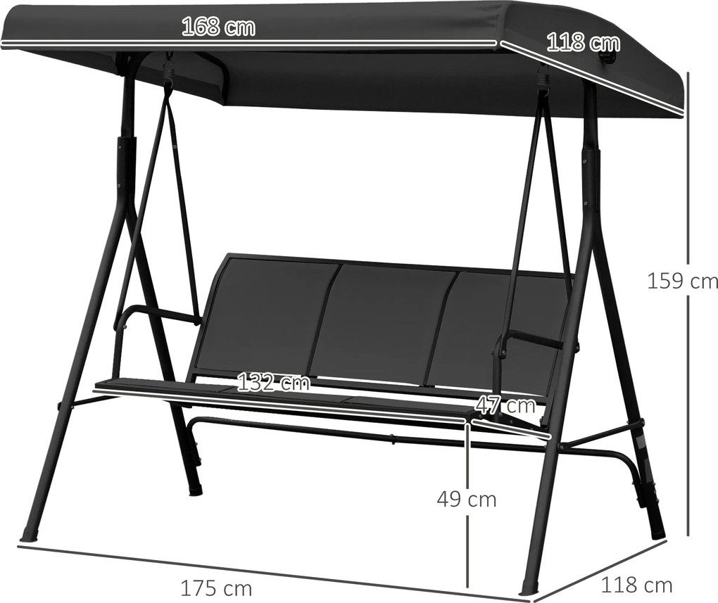 Baloiço de Jardim Exterior de 3 Lugares com Toldo Reclinável Assento Respirável e Estrutura de Aço 175x118x159 cm Preto