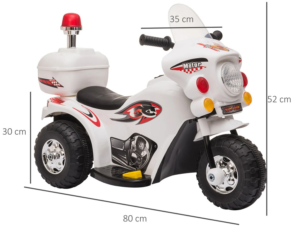 Mota Elétrica para Crianças de 18-36 Meses Motocicleta Infantil com 3 Rodas e Bateria 6V com Música Buzina Farol Baú 80x35x54cm Branco