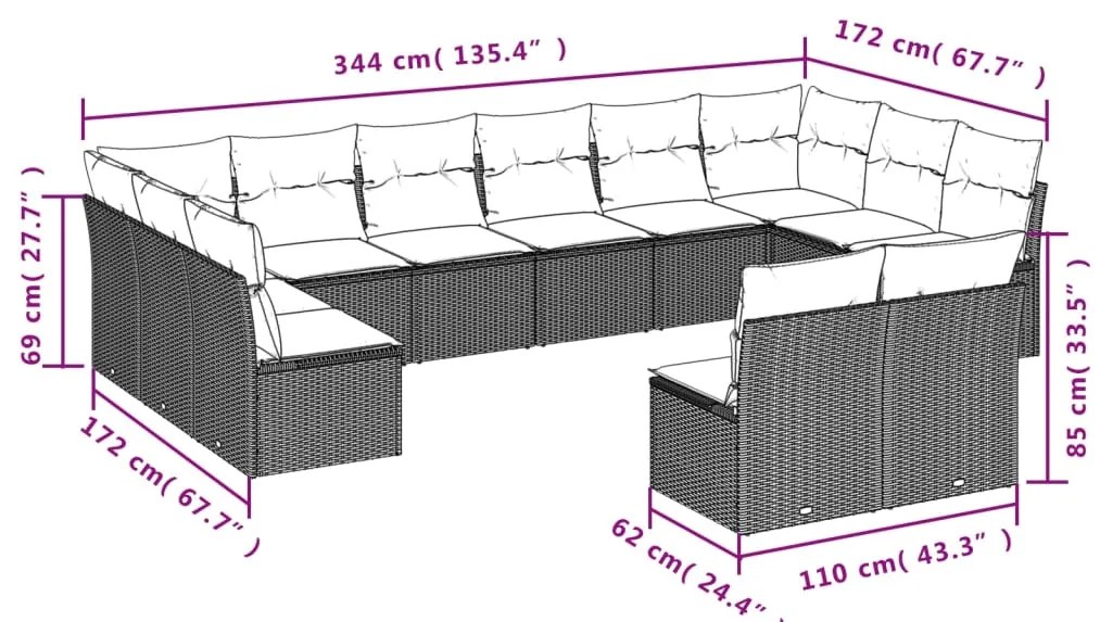 12 pcs conjunto de sofás de jardim c/ almofadões vime PE preto