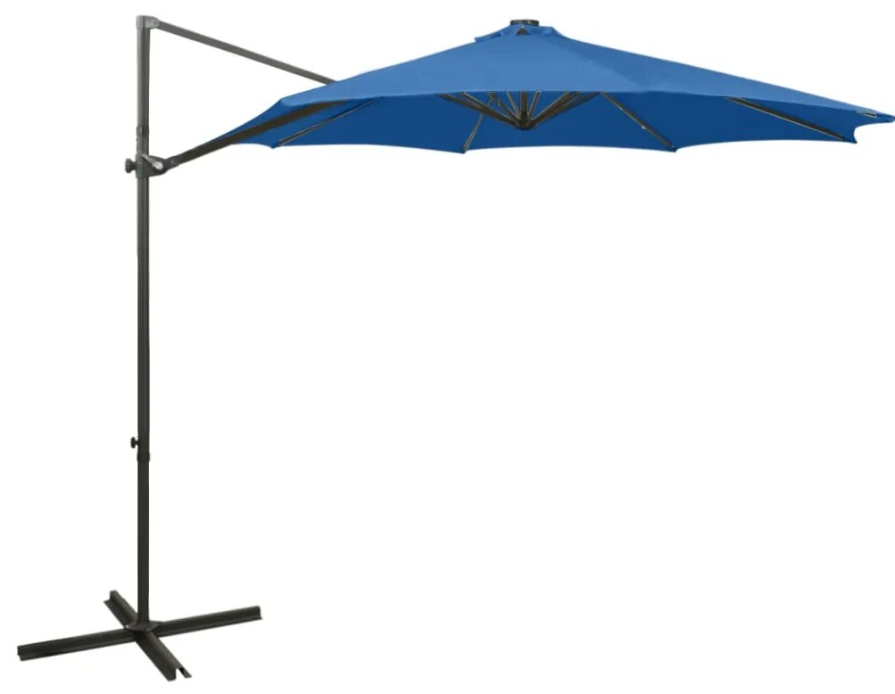 Guarda-sol jardim cantilever poste/luzes LED 300 cm azul-ciano