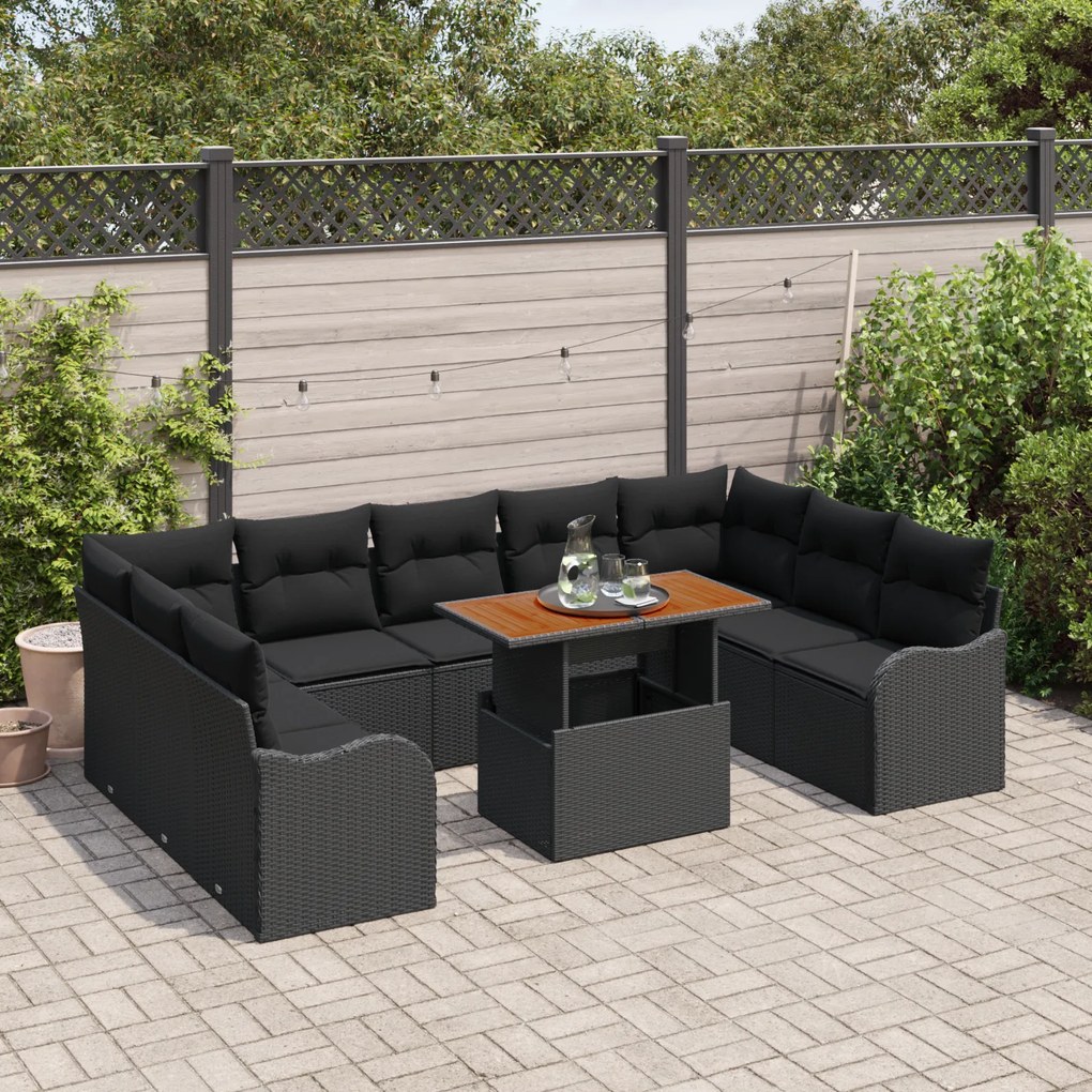 Conjunto de Sofás de Jardim de 10 Peças com Almofadas Vime Poliéster P