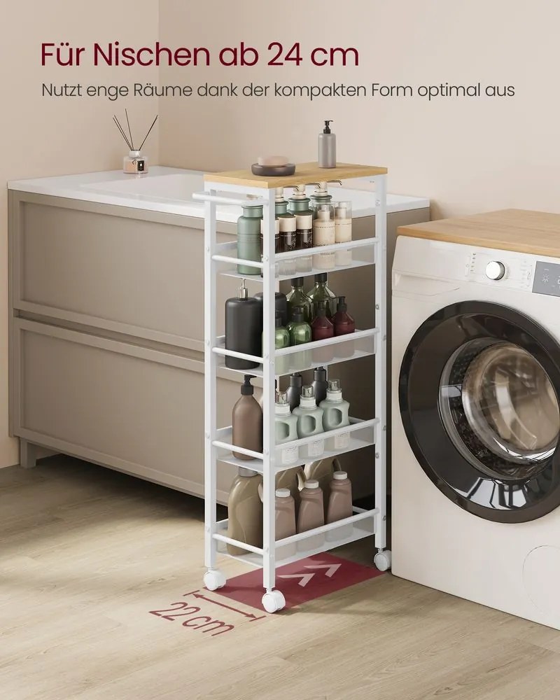 Carrinho cozinha com 5 níveis com rodas 22 x 45,4 x 99,6 cm Branco e cor carvalho