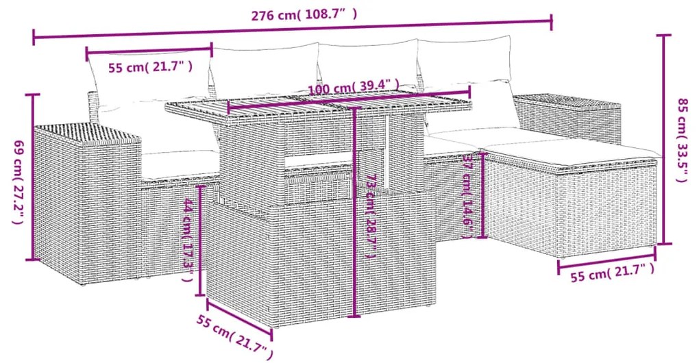 6 pcs conjunto de sofás p/ jardim com almofadões vime PE bege