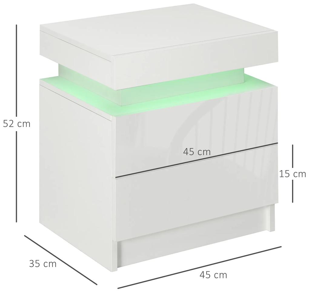 Mesa de Cabeceira com Luz LED Mesa de Cabeceira  Painel de Alto Brilho 2 Gavetas e Controlo 45x35x52 cm Branco
