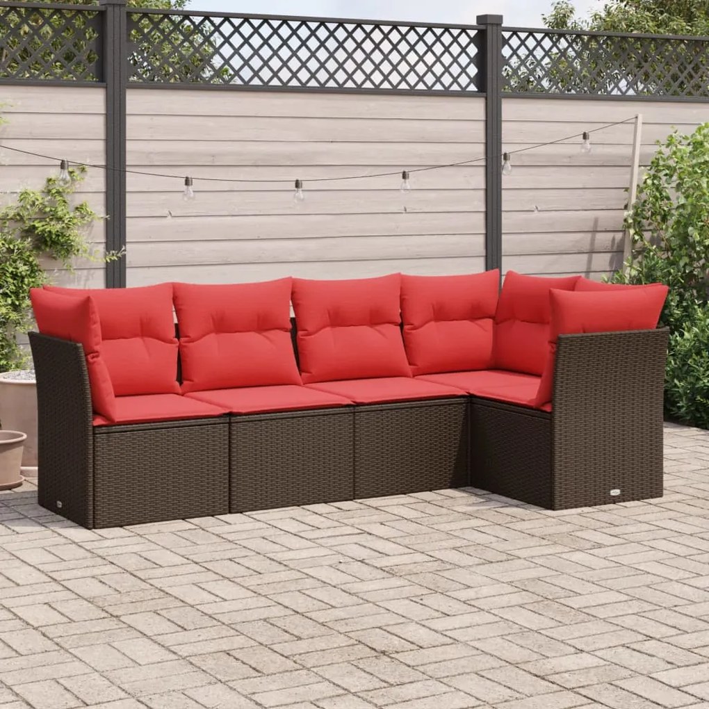 vidaXL 5 pcs conjunto sofás p/ jardim c/ almofadões vime PE castanho