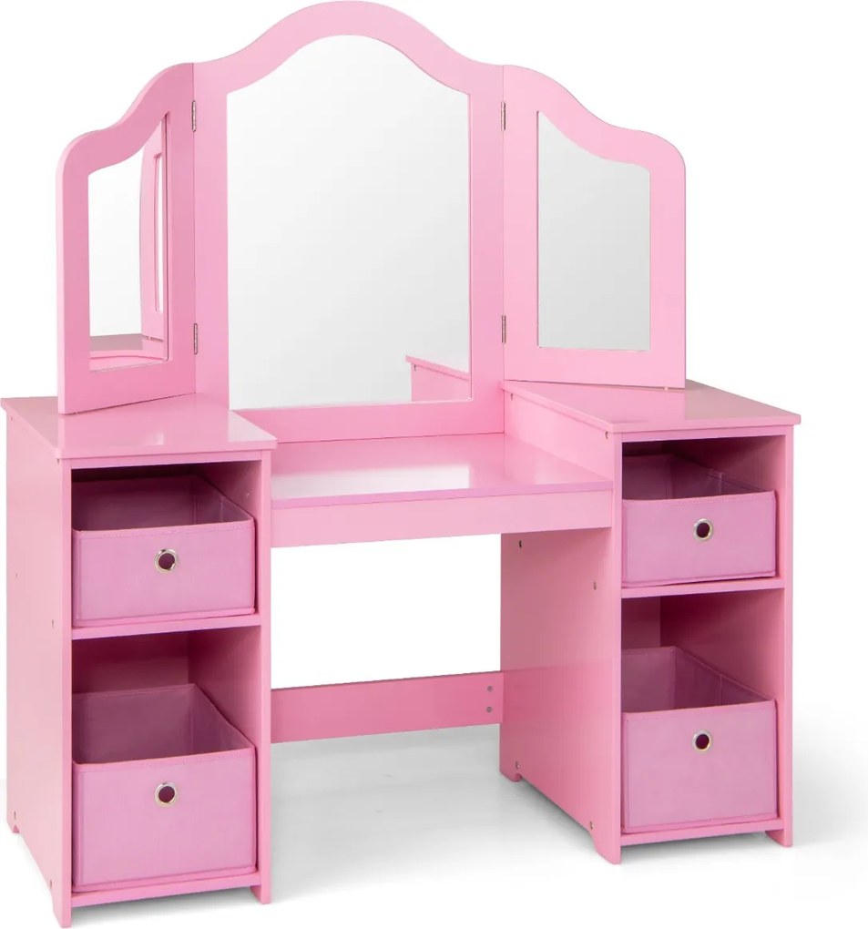 Toucador Princesa para crianças com 4 prateleiras grandes e espelho de plástico com 3 painéis Carga 100 kg 107 x 40 x 117 cm Rosa