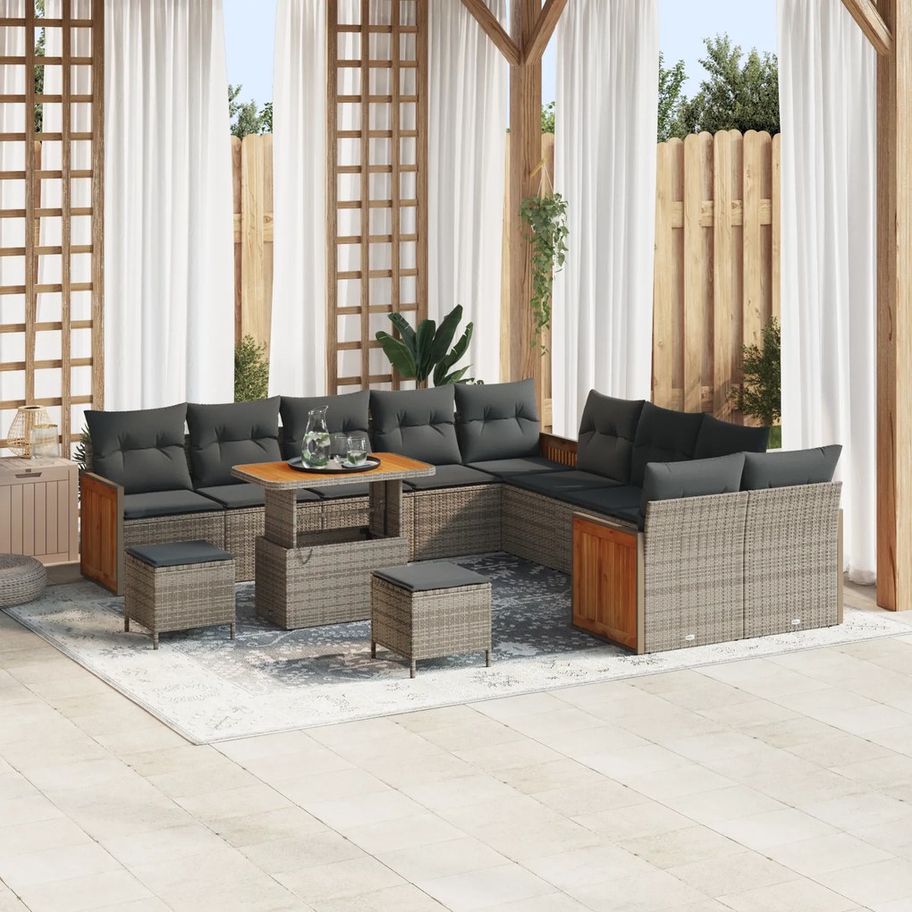 Conjunto de Sofá de Jardim vidaXL com 13 Peças e Almofadas Cinzento Rattan Sintético Acácia