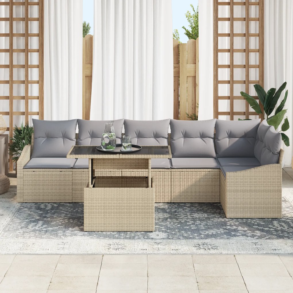 Conjunto de Sofá de Jardim 7 Peças com Almofadas Bege em Rattan