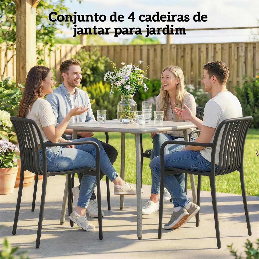 Conjunto de 4 Cadeiras de Jardim (MESA NÃO INCLUIDA) Empilháveis em PP com Encosto Curvado e Assento com Ripas 55x58,5x81,5 cm Preto