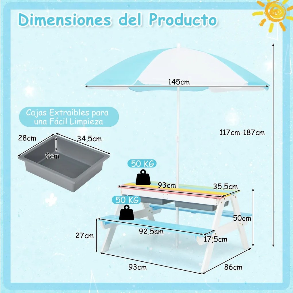 Mesa de piquenique para crianças 3 em 1 com guarda-sol removível e altura ajustável de 117-187 cm para jardim Multicolorido