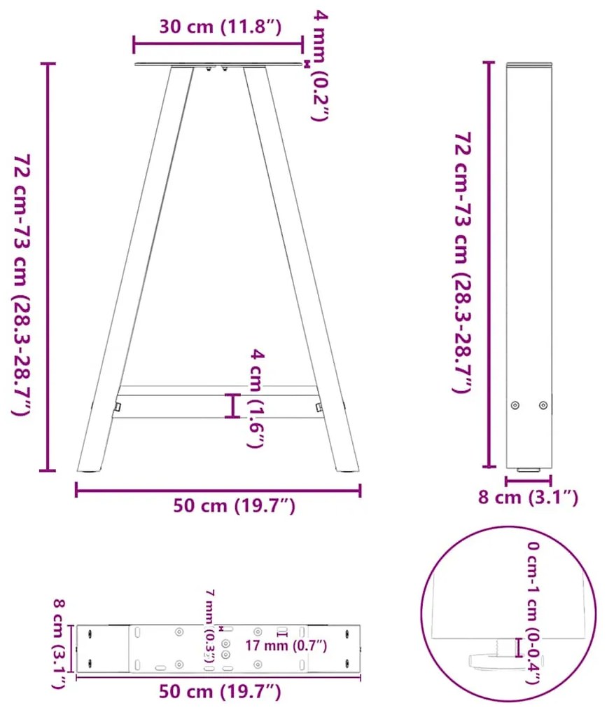 Pés para mesa de jantar em formato A, 2 peças, preto, 50x(72-73) cm, a