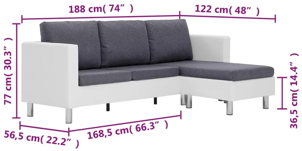 Sofá de 3 lugares com almofadas em couro sintético branco