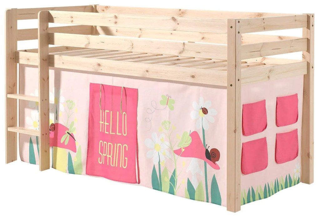 Conjunto Cama alta de Criança PINO 90 x 200 cm + estrado + escada + cortina Princesa Natural