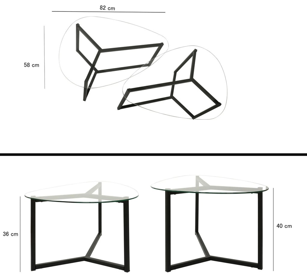 Conjunto de Mesas de Café Bellisimo - Preto Mate - 82x40x58cm e 82x36x