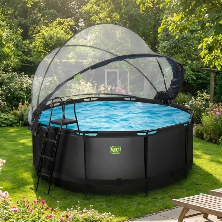 Piscina Redonda Black Leather ø360x122cm com bomba de filtro de areia, cobertura e bomba de calor - Preta