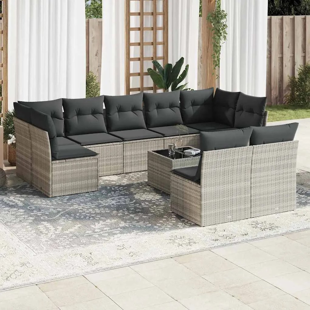 vidaXL 10 pcs conj. sofás jardim com almofadões vime PE cinzento-claro