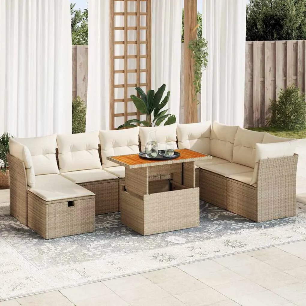 vidaXL 9 pcs conjunto sofás jardim com almofadões vime PE/acácia bege