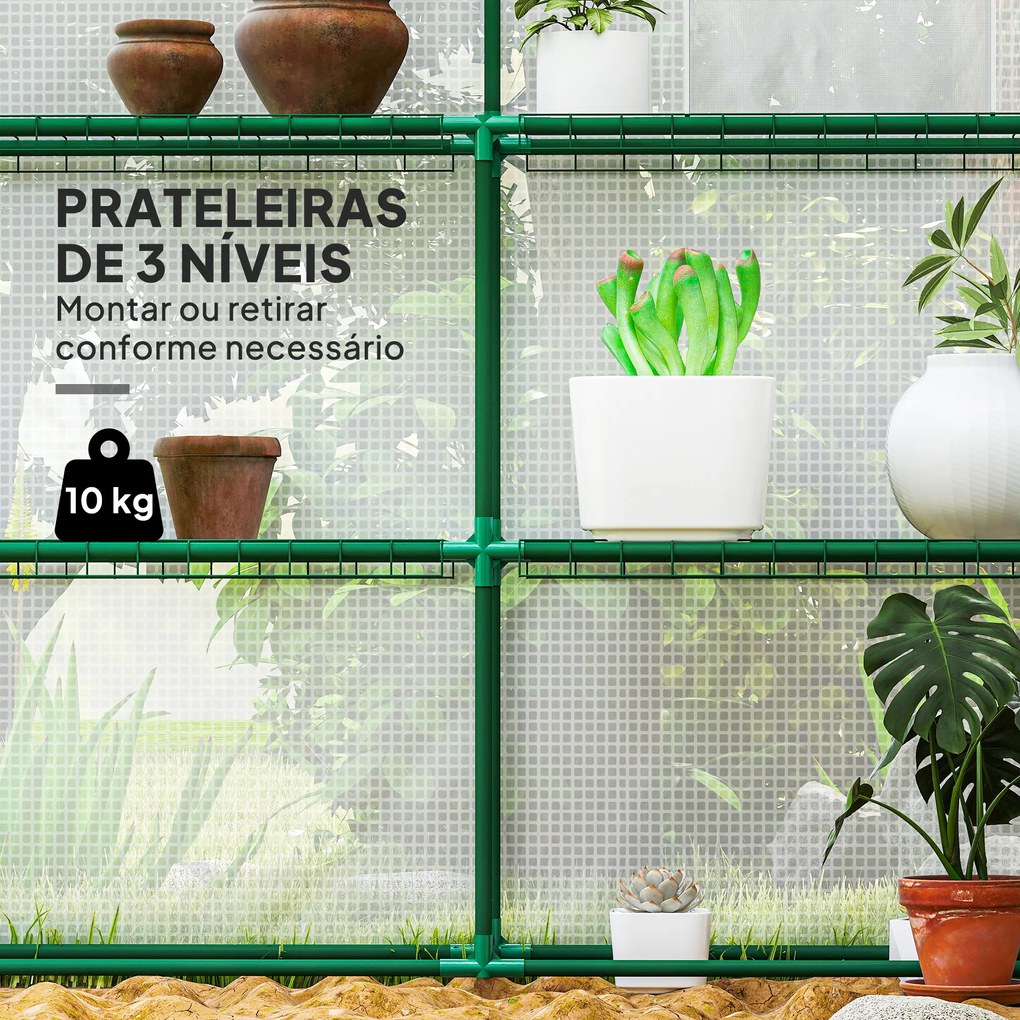 Estufa de Jardim de 3 Níveis com 12 Prateleiras Porta Enrolável Janelas Anti-UV Cobertura de PE  140x213x190 cm Branco