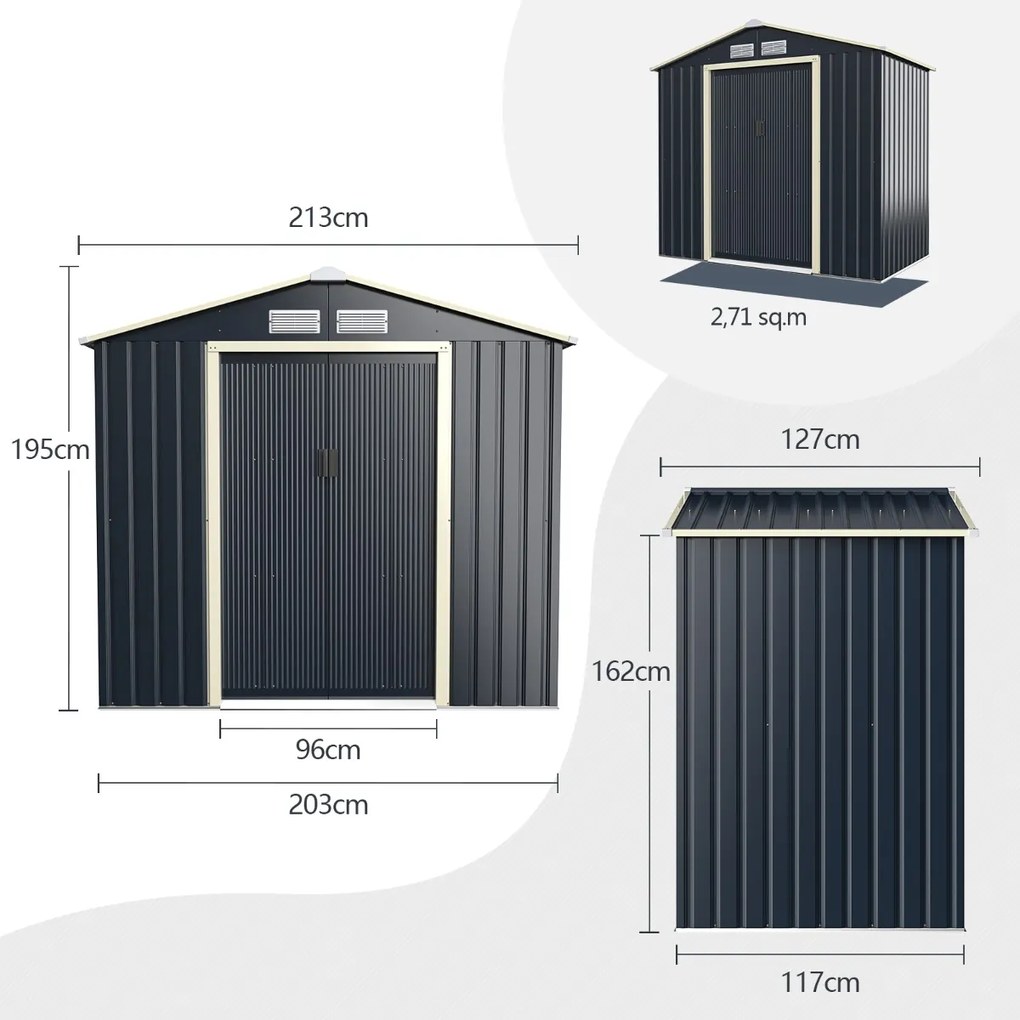 Abrigo de jardim exterior com 4 aberturas de ventilação e portas individuais 213 x 127 x 195 cm Cinzento