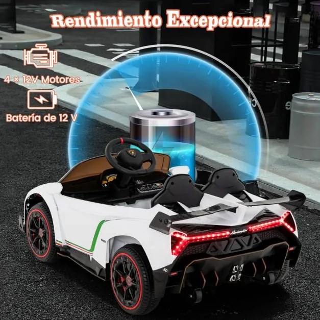 Carro Elétrico brincar para Crianças 3-8 Anos Lamborghini 12V com Controlo Remoto 3 Velocidades Luzes LED Rodas e Música Branco