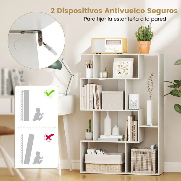 Estante em forma de S com 4 níveis, 6 compartimentos abertos e 2 dispositivos antiderrapantes para escritório ou estúdio, 80 x 30 x 119 cm, branco