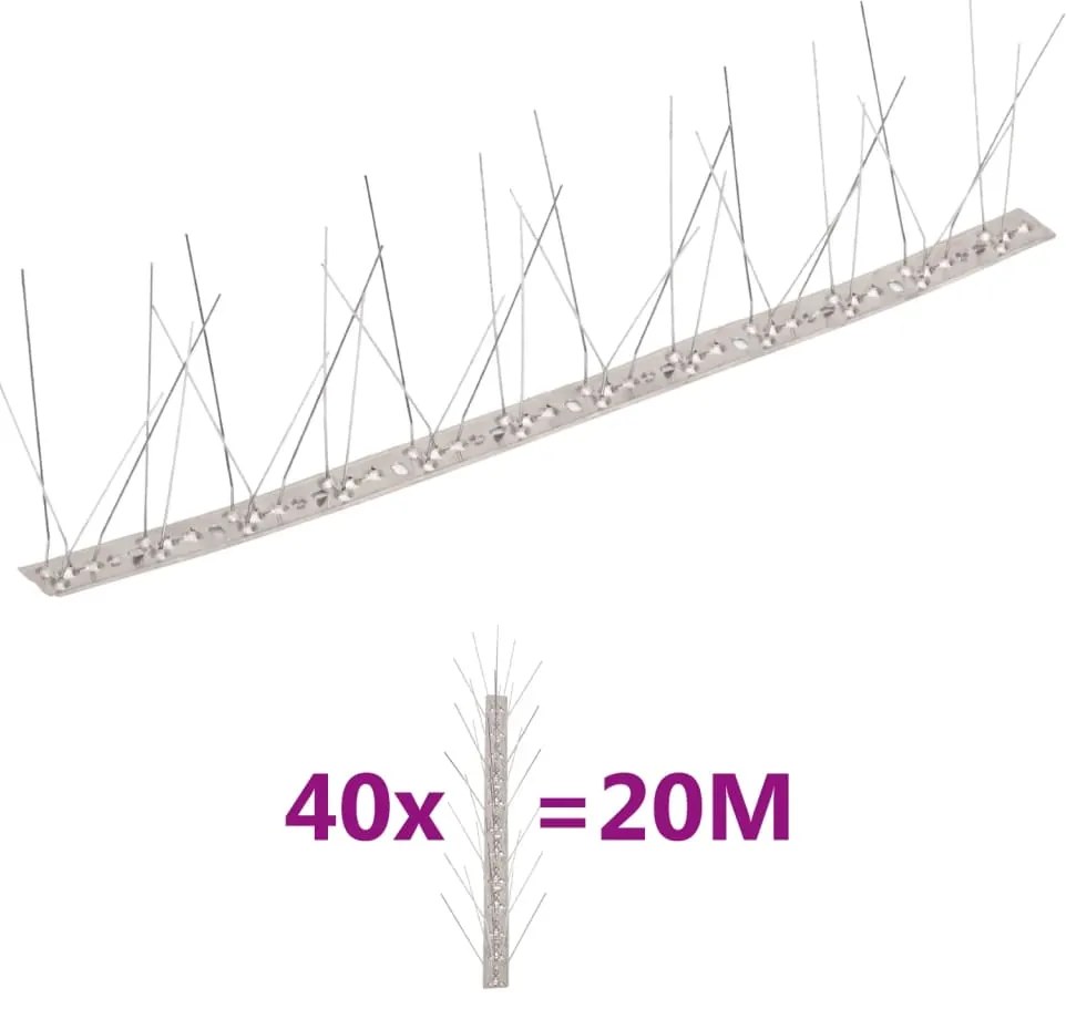 vidaXL Conjunto 40 picos pássaros e pombos 5 filas 20m aço inoxidável