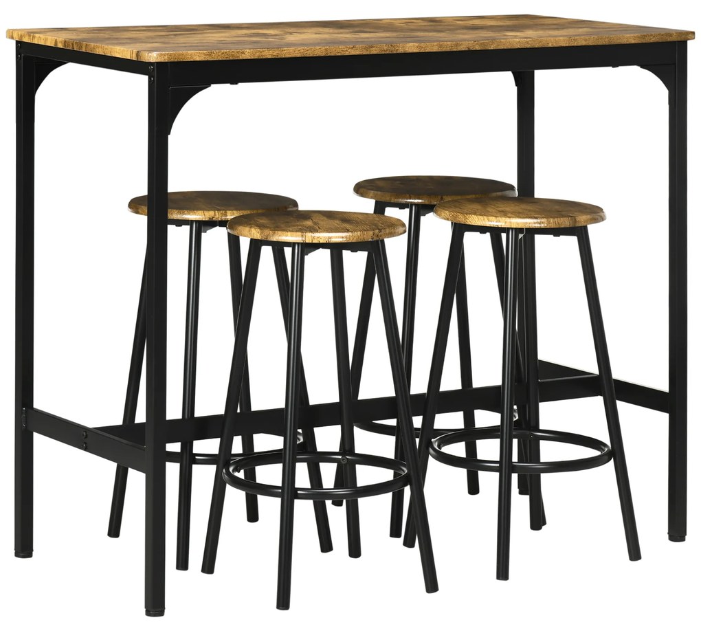 HOMCOM Conjunto de Móveis Altos de Bar com 5 Peças Mesa de Refeição Industrial e 4 Bancos Redondos Marrom Rústico e Preto | Aosom Portugal