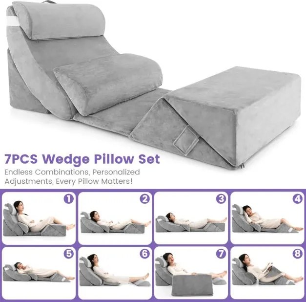 Conjunto de 7 almofadas de espuma viscoelástica ajustáveis para encosto de cama Almofadas de cabeça/pescoço/costas 119 x 59 x 55 cm Cinzento