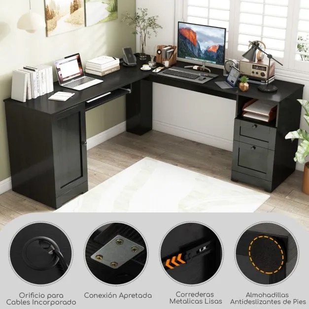 Secretária em L de 168 cm com 2 tomadas CA, uma porta USB e uma porta Tipo C 2 gavetas Estante ajustável e tabuleiro para teclado Preto
