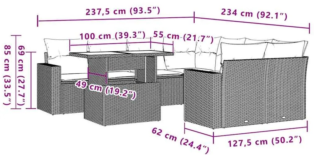 9 pcs conj. sofás jardim com almofadões vime PE cinzento-claro