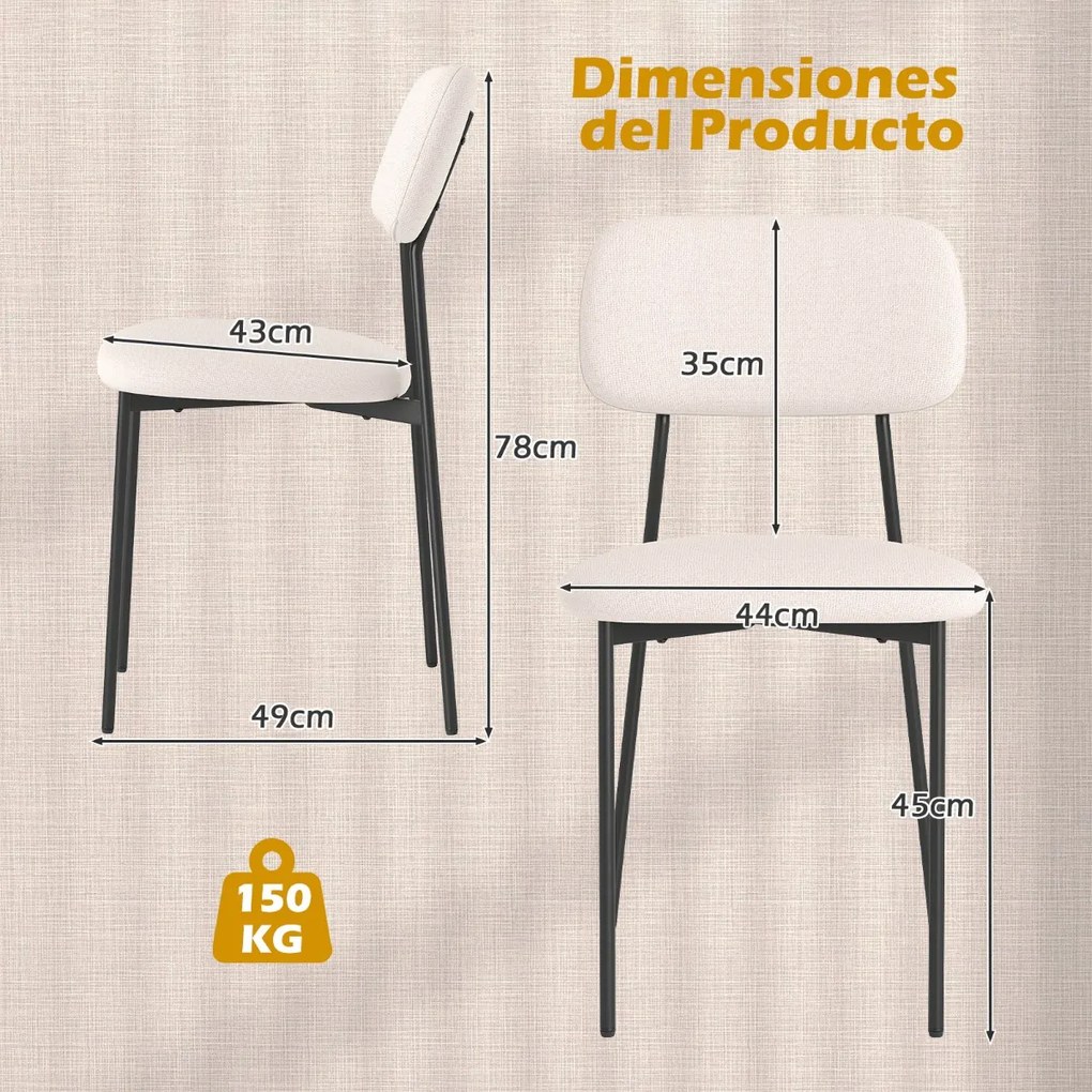 Conjunto de 4 cadeiras de jantar (MESA NÃO INCLUIDA) modernas estofadas em linho com pernas metálicas, assento acolchoado e encosto curvo bege