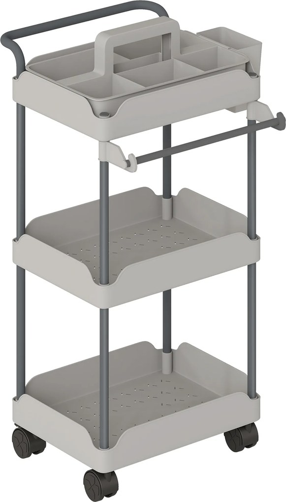 HOMCOM Carrinho Auxiliar com Rodas de 3 Níveis com Cestos Extraíveis Suporte para Toalhas e Estrutura de Metal 42x42,5x76 cm Cinza | Aosom Portugal