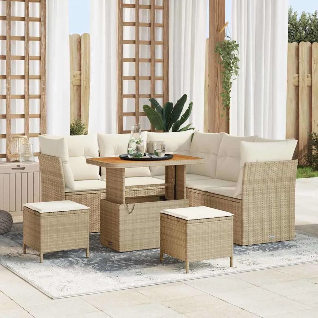 vidaXL Conjunto de Sofá de Jardim de 8 Peças da com Almofadas Beiges em Rattan Sintético e Acácia