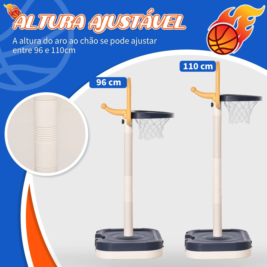 HOMCOM Tabela de Basquetebol Infantil 2 em 1 Tabela de Basquetebol Portátil com Jogo de Lançamento de Anéis e Altura Ajustável 96-110cm Acessórios Incluidos 58,5x56x137cm Azul e Branco