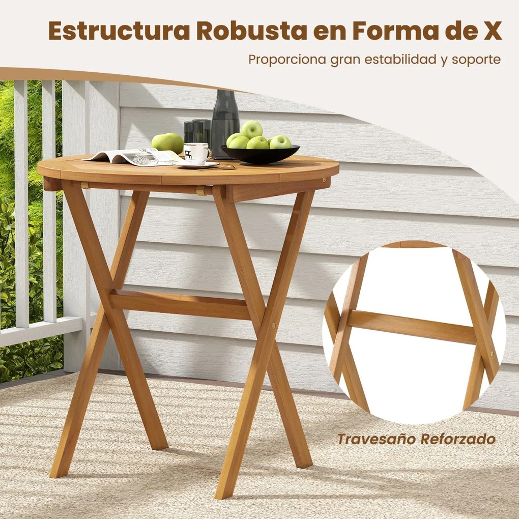 Mesa redonda dobrável 67 x 67 x 69 cm em madeira de acácia para exterior, com estrutura em forma de X, ideal para jardim, pátio ou varanda, com acabam