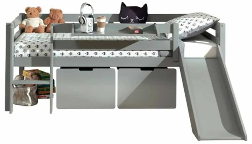 Conjunto Cama alta de Criança PINO 90 x 200 cm + estrado + escada + escorrega + conjunto de 2 gavetas e prateleira suspensa Cinzenta