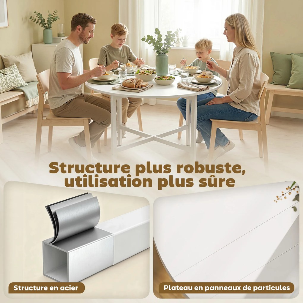 Mesa de Jantar Redonda Dobrável, 80 x 80 x 76 cm (CADEIRAS NÃO INCLUIDAS), Com 2 Abas, Branca